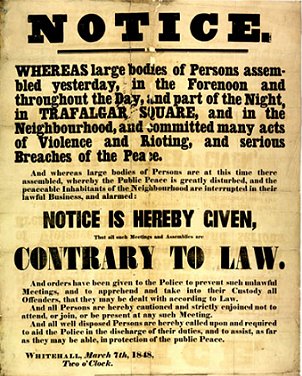 Assembly Warning posted in Trafalgar Square, London 1848