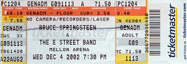 Bruce Springsteen and E Street Band Ticket, Pittsburgh 12-4-02